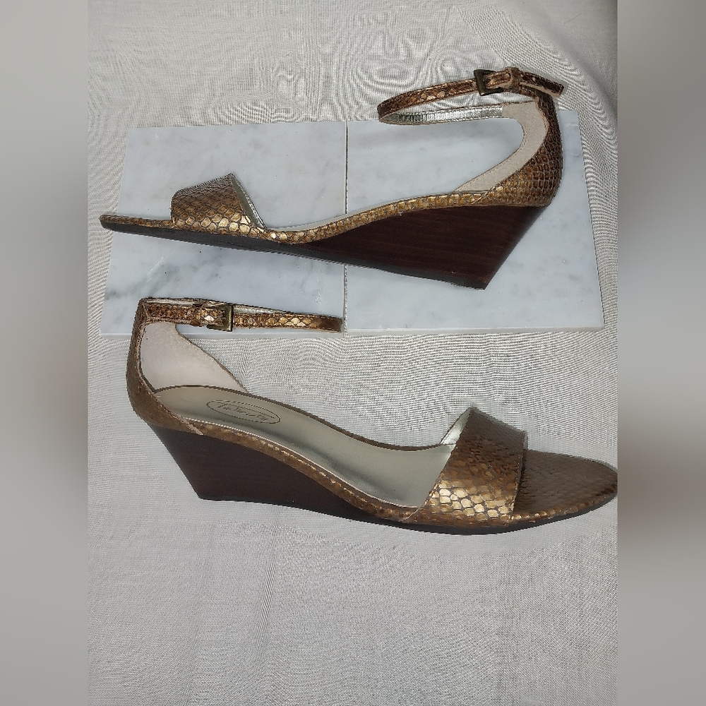 Talbots Metallic Bronze Snake-Embossed Wedge Sandals